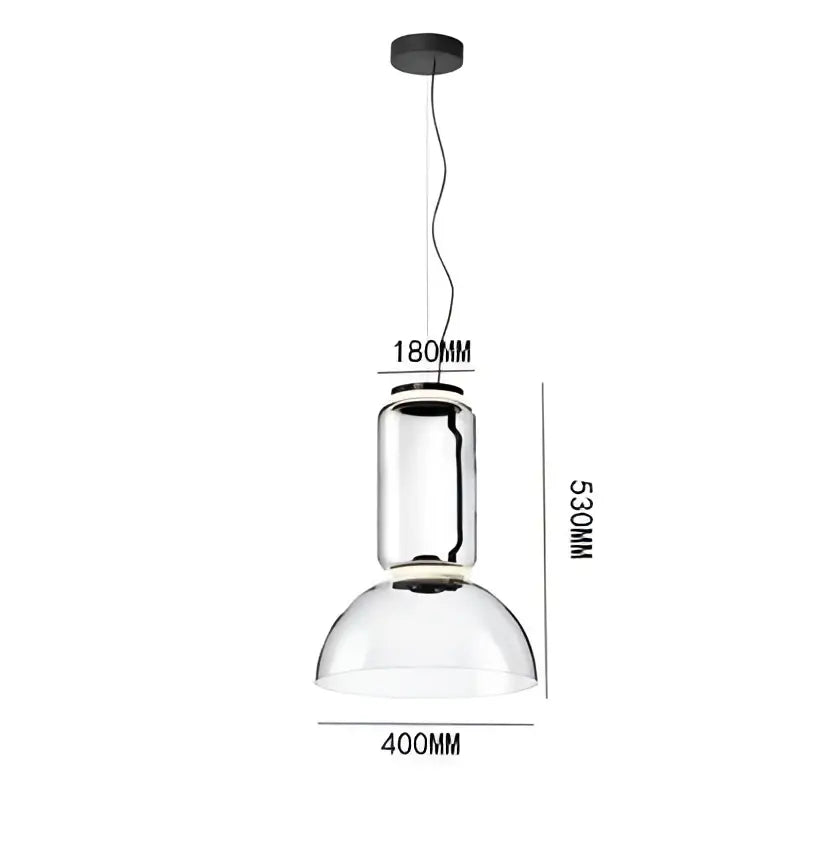 Modern black glass led pendant light with sleek chrome cylindrical body and transparent dome for dining room lighting