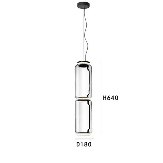 Modern black glass led pendant light with two stacked cylindrical shades and black ceiling mount for dining room