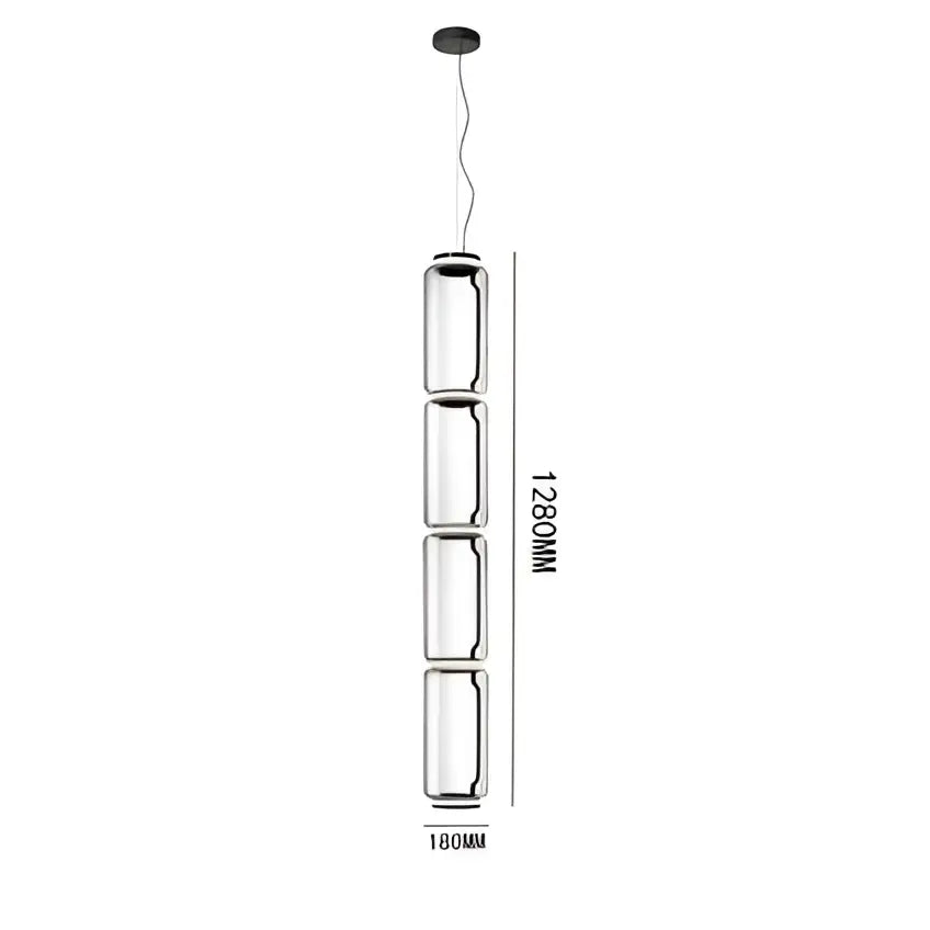 Modern black glass led pendant light with four cylindrical segments and black ceiling mount for dining room use