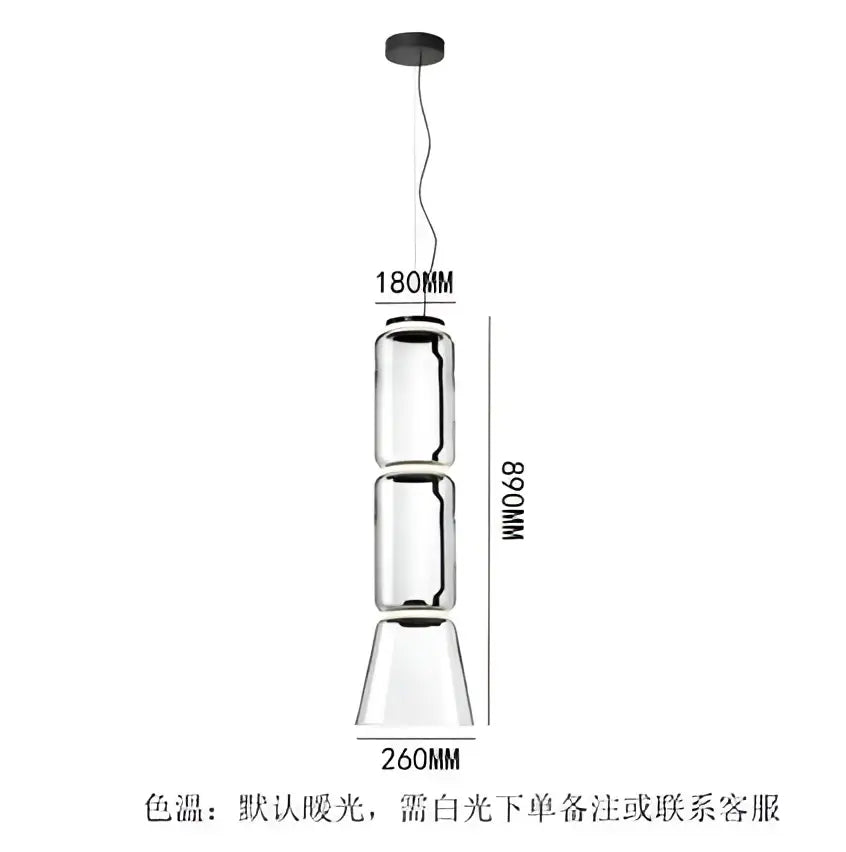 Modern black glass led pendant light with three stacked clear glass segments and black metal accents for dining room