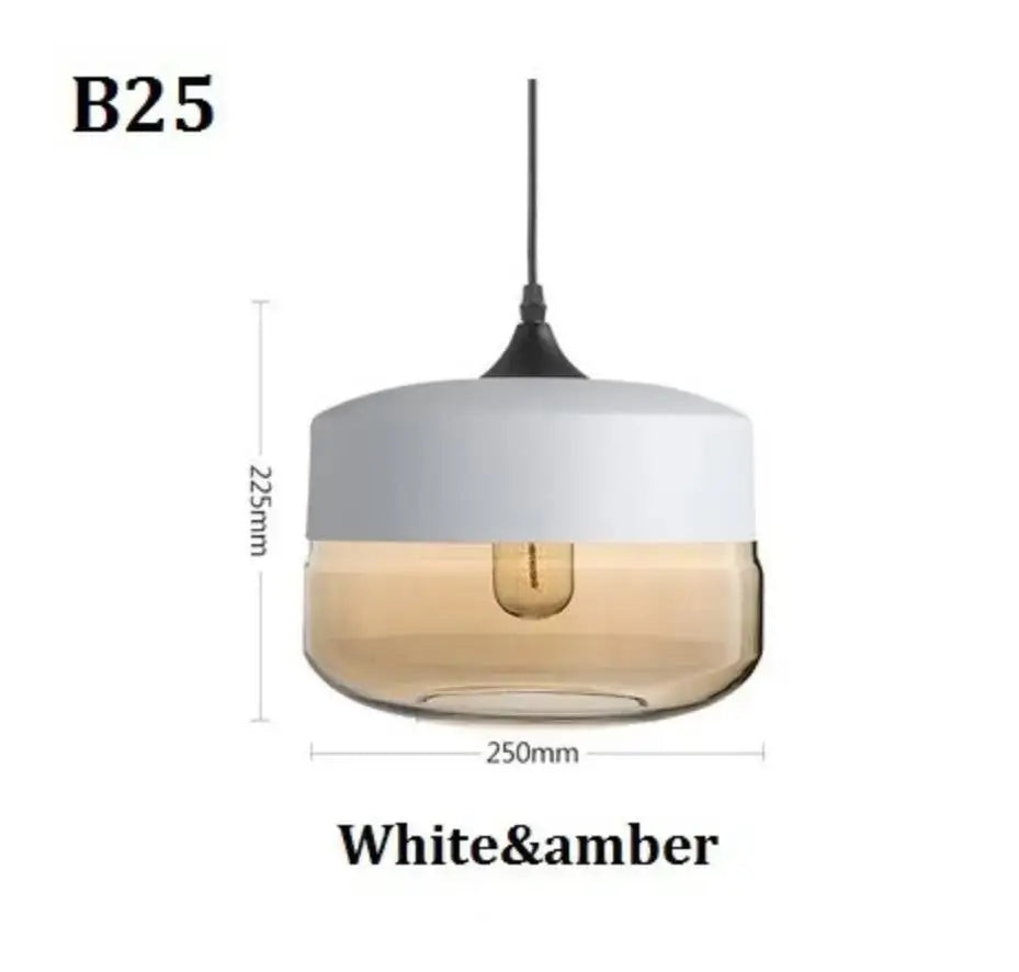 A modern pendant light with a white top and amber amber glass bowl featuring a filament bulb for dining room decorbites black glass