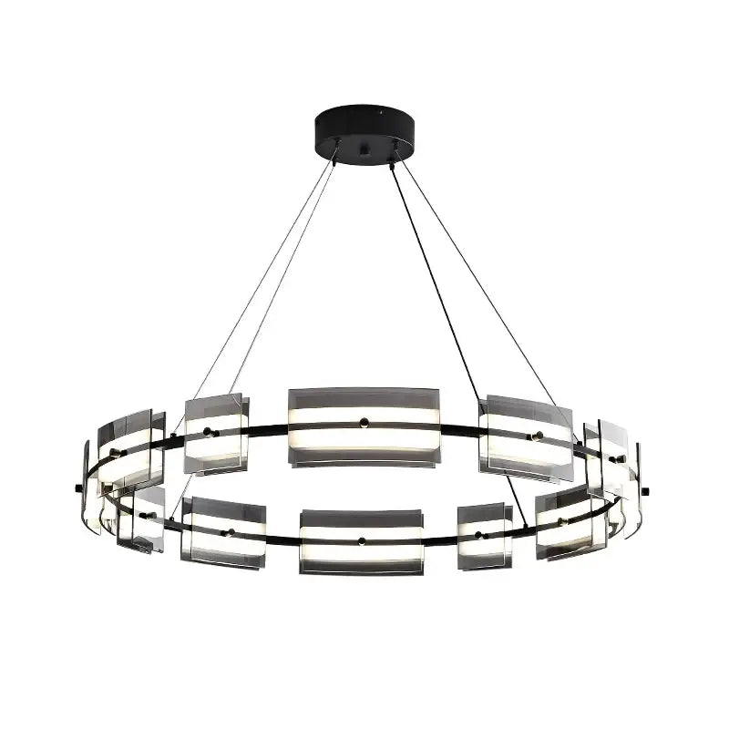 Modern black glass restaurant chandelier with clear acrylic rectangular light panels for warm dining room lighting