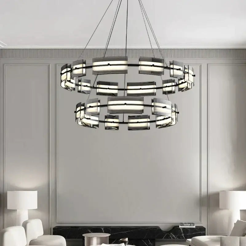 Modern black glass restaurant chandelier with sleek metal frames and warm light for dining room ambiance