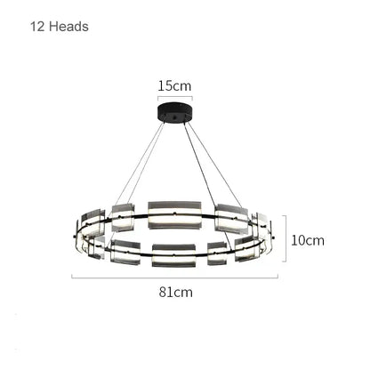 Modern black glass restaurant chandelier with 12 illuminated rectangular light heads for dining room warm light
