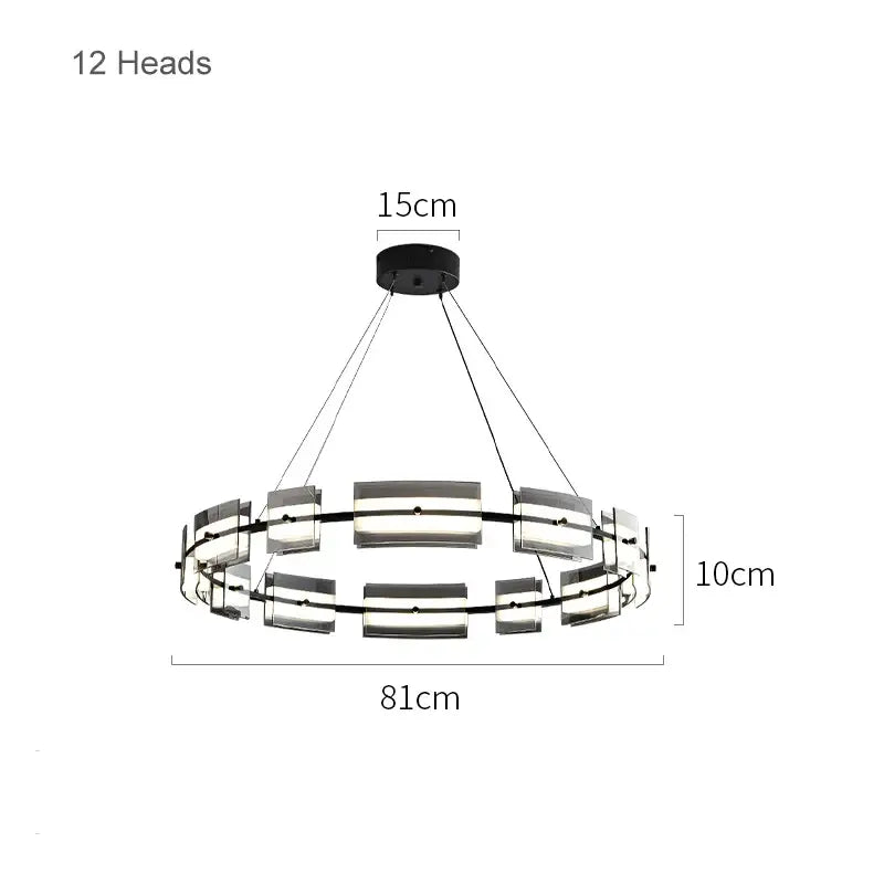 Modern black glass restaurant chandelier with 12 illuminated rectangular light heads for dining room warm light