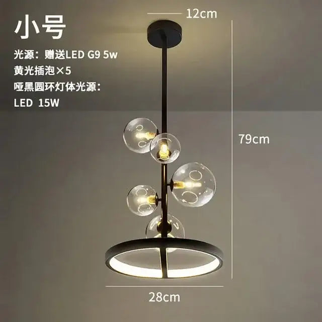 Modern black glass ring pendant light with five clear glass globes and led ring base for dining room decorbites chandelier