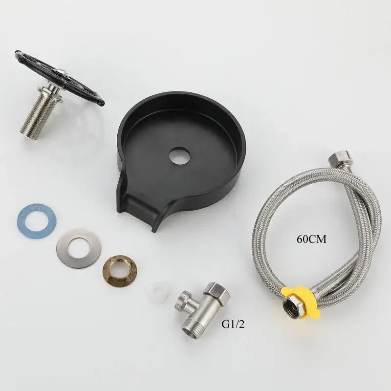Modern black glass rinser sink with black plastic faucet base, integrated spout, threaded valve, and braided hose for glass rinser use
