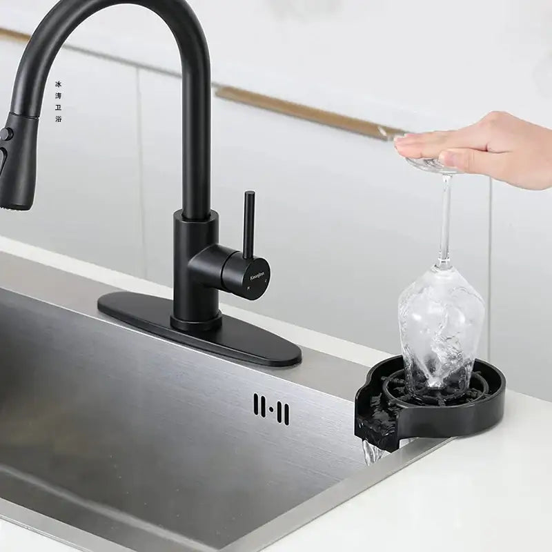 Black plastic sink drain catcher designed for modern black glass rinser sink in kitchen automatic cup washer system