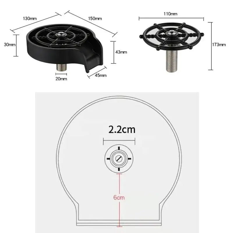 Black plastic bar tap aerator with central threaded stem and radial venting for modern black glass rinser sink