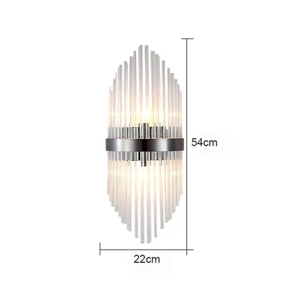 Modern black glass rod crystal wall lamp featuring a sleek chrome frame and clear glass rods measuring 54cm by 22cm