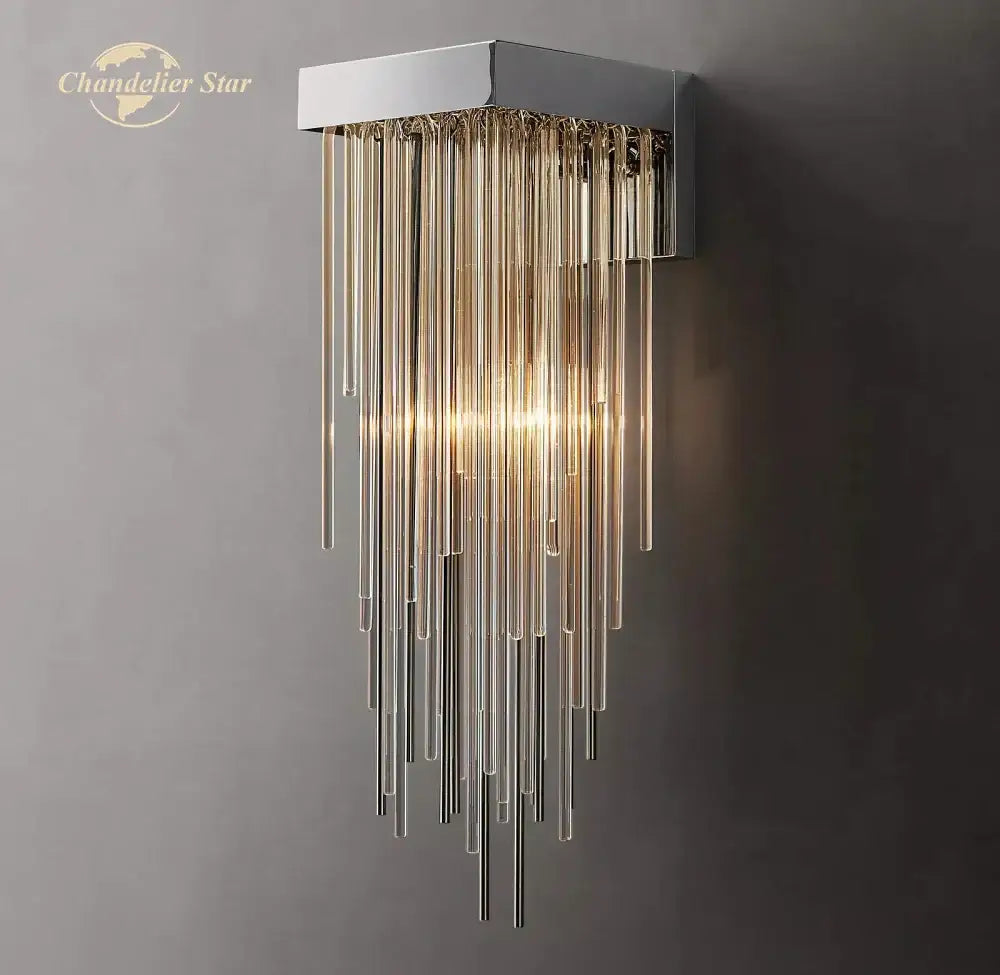 Modern black glass rod led wall lamp with chrome finish and cascading clear glass tubes for living room use