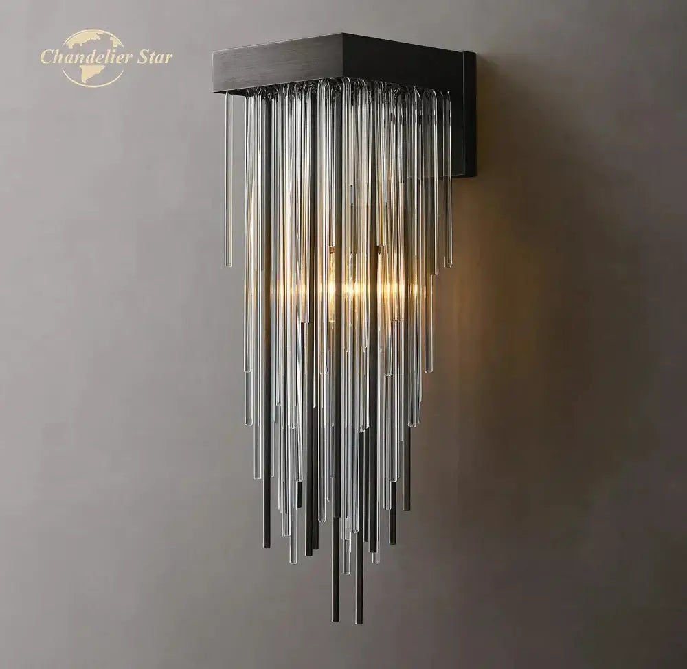 Modern black metal wall lamp with cascading clear glass rods featuring energy-efficient glass rod led lighting for living rooms