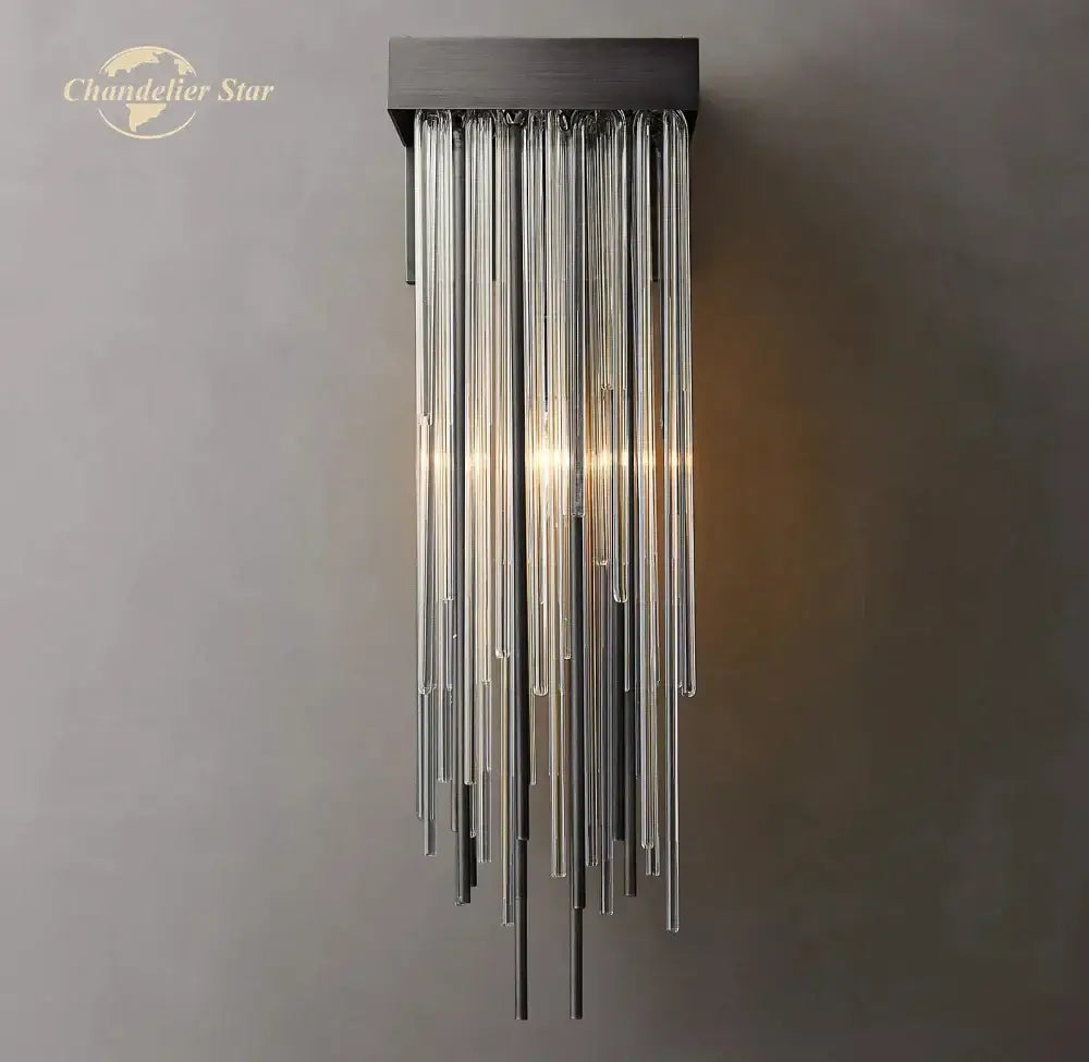 Modern black glass rod led wall lamp with sleek rectangular base and cascading clear glass rods for elegant living room lighting