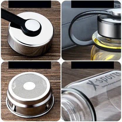 Modern black glass tea bottle with stainless steel lid and black handle featuring x-sports logo for travel use