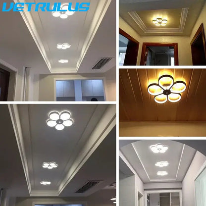 Modern black and gold acrylic flower twisted ceiling lamp with led circular lights in white and warm yellow illumination