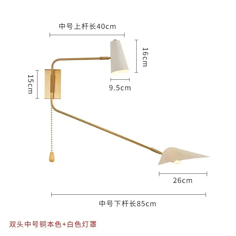 Modern black and gold decorbites adjustable double head wall lamp with white conical shades and brass chain pull switch