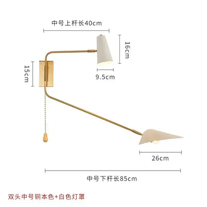 Modern black and gold decorbites adjustable double head wall lamp with white conical shades and brass chain pull switch