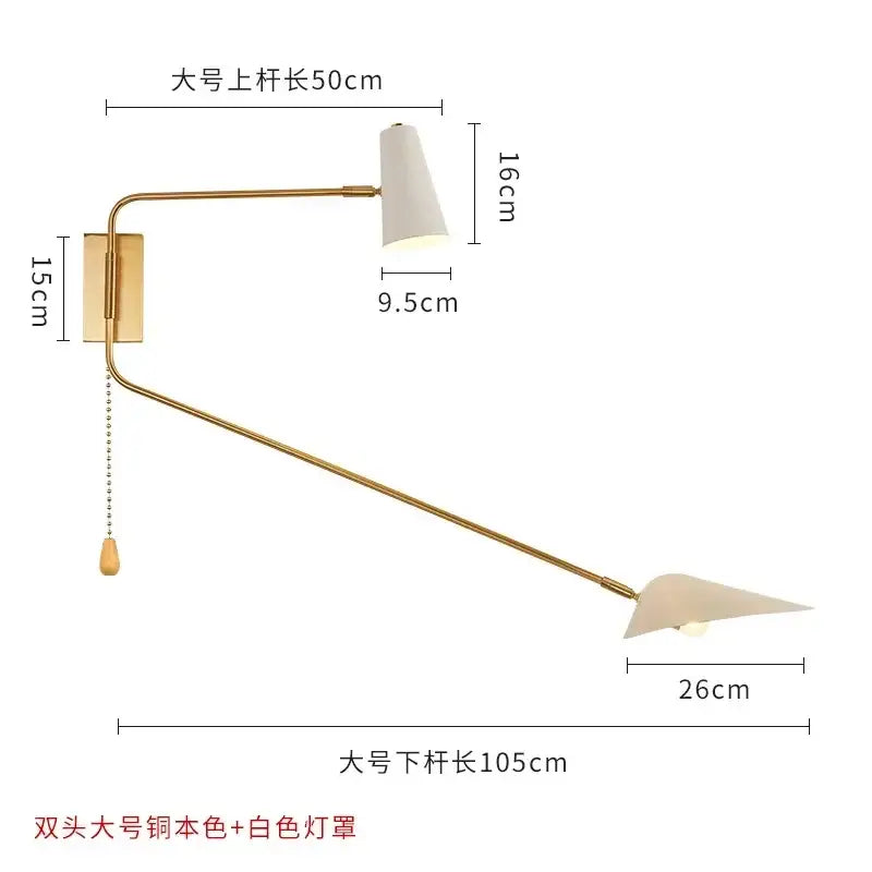 Modern black and gold decorbites adjustable double head wall lamp with gold-toned double-headed sconce and white shades