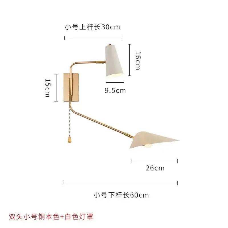 Gold-toned decorbites adjustable double head wall lamp with white lampshades for modern bedroom sconce decor