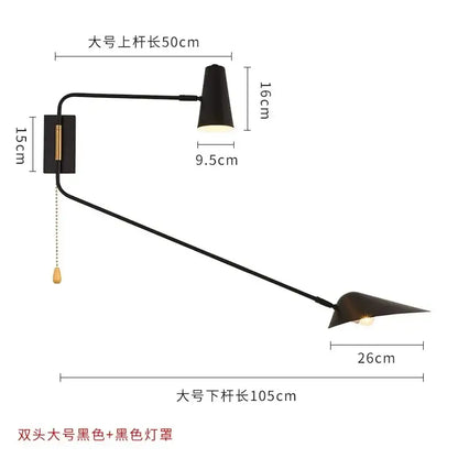 Modern black and gold decorbites adjustable double head wall lamp with matte metal arms and conical shades for bedroom decor
