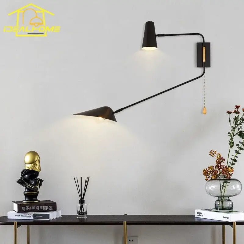 Modern black and gold wall lamp with decorbites adjustable double head arms for bedroom sconce lighting