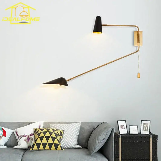 Modern black and gold decorbites adjustable double head wall lamp with conical shade and pull-chain switch for bedroom decor