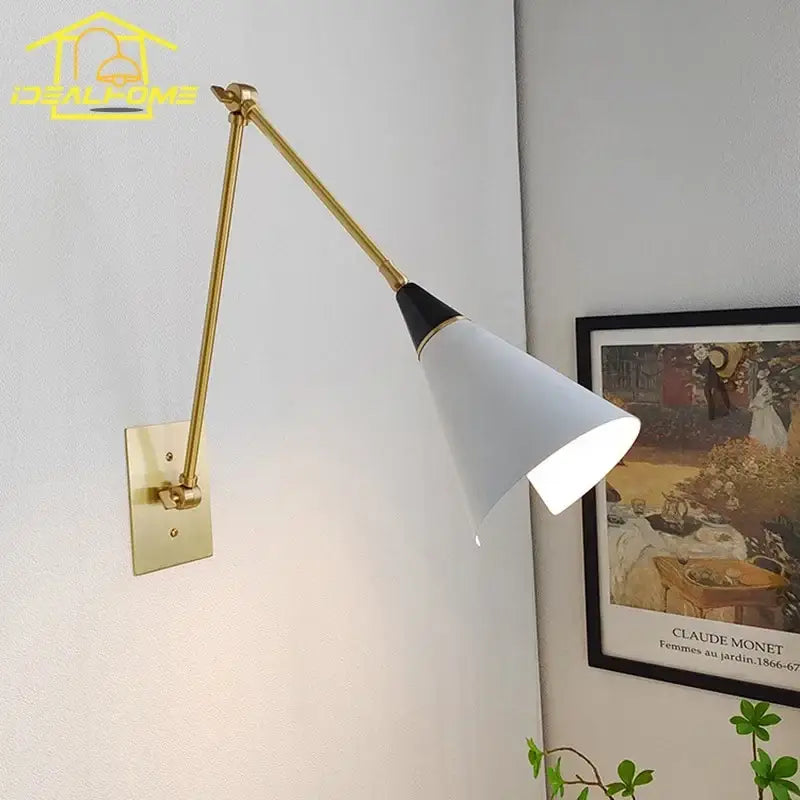 Modern black and gold adjustable wall lamp decorbites athena with gold tone and white conical shade with black trim