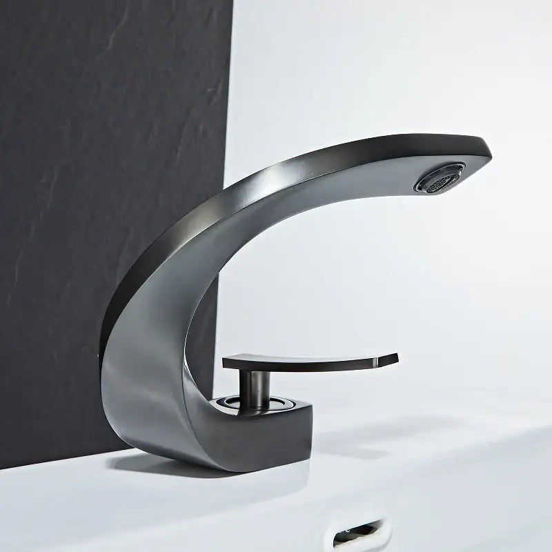Modern black decorbites basin faucet with sleek curved matte design and single handle for bathroom use