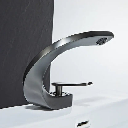 Modern black decorbites basin faucet with sleek curved matte design and single handle for bathroom use