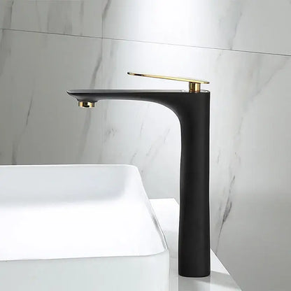 Modern black and gold basin faucet with matte finish and gold accents for bathroom sinks by decorbites black