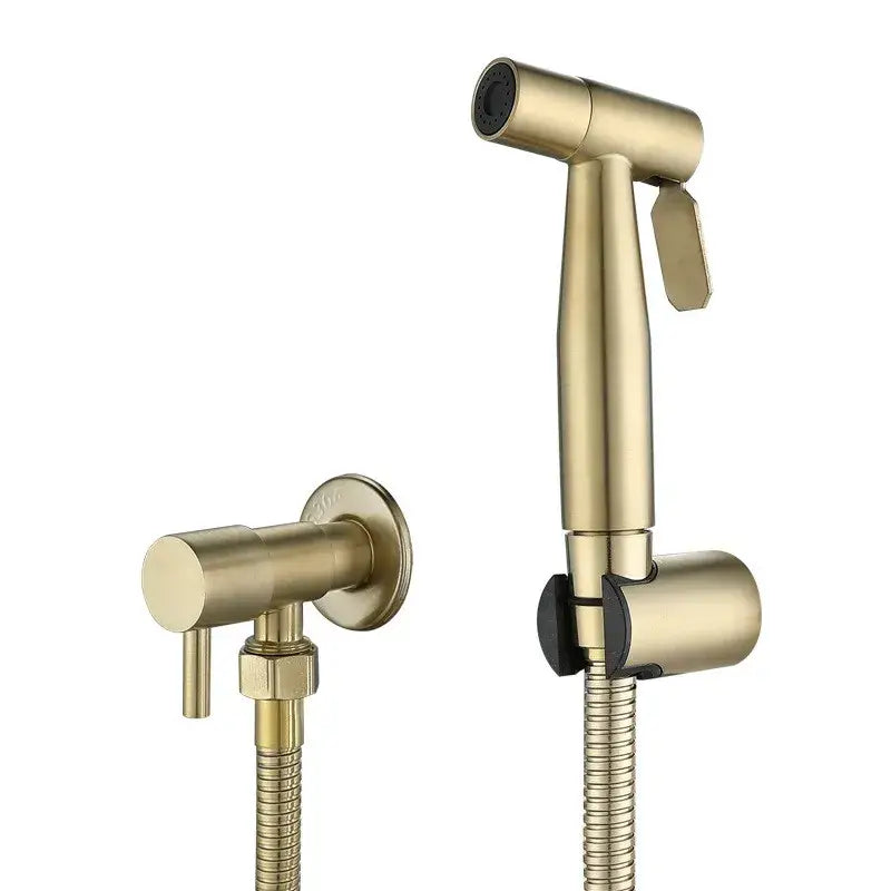 Modern black and gold bidet sprayer set featuring a gold brass handheld bidet sprayer with sleek design and flexible hose