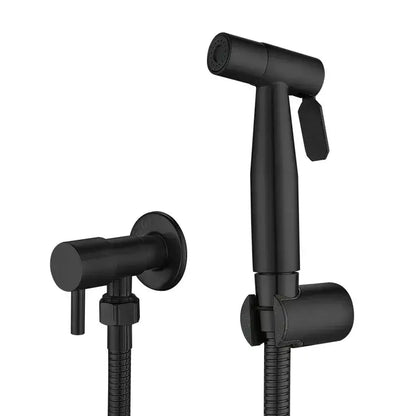 Modern black and gold bidet sprayer set featuring a black matte finish nozzle with sleek design and flexible hose