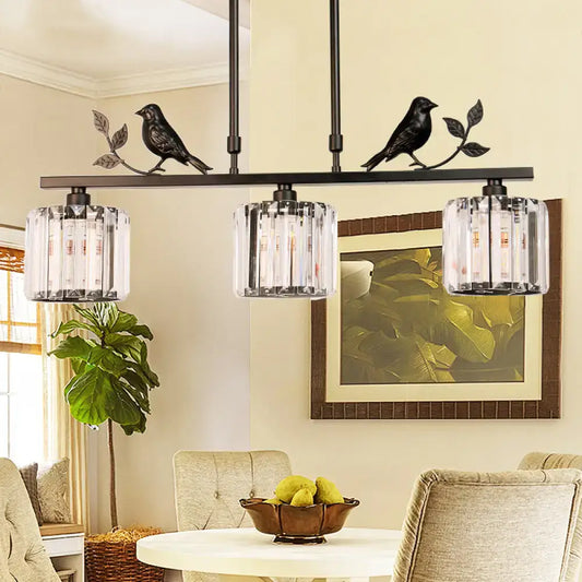 DecorBites modern black gold chandelier lamp with bird accents and three clear crystal drum shade pendant lights