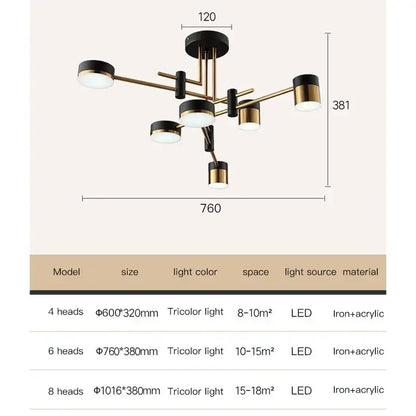 Modern black and gold branch led chandelier with six sleek gold-toned arms and cylindrical led bulbs for decorbites black branch lighting