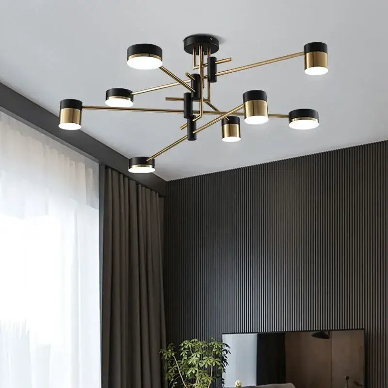 Modern black and gold branch led chandelier with geometric cylindrical light fixtures for living room decorbites black branch