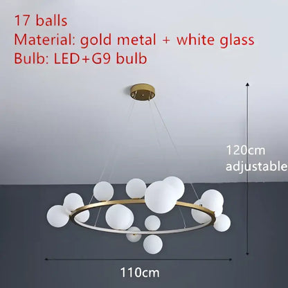 A modern black and gold branching bubbles chandelier with 17 frosted glass spheres for dining room decorbites lighting