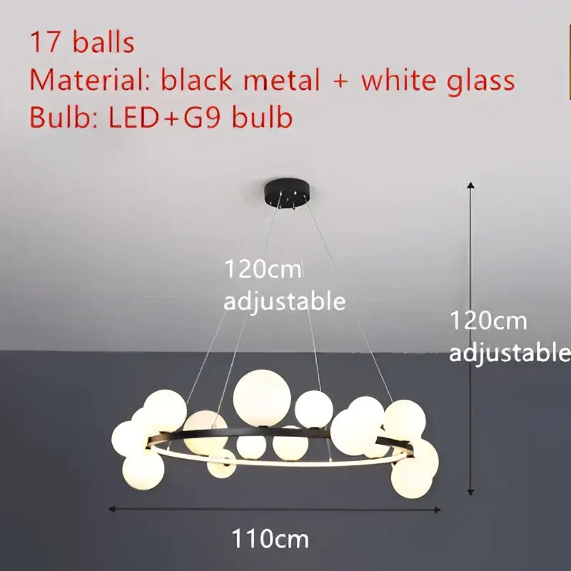 Modern black and gold branching bubbles chandelier with 17 white glass globe bulbs for dining room decorbites branching bubbles