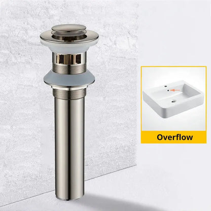 Modern black and gold brass basin sink pop up drain with brushed stainless steel overflow and sleek cylindrical design