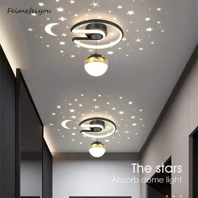 Modern black and gold celestial led ceiling lamp with spherical pendant and star moon pattern projection for bedroom decorbites led ceiling