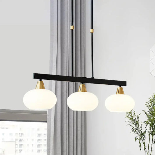 DecorBites black metal chandelier with three frosted white oval glass shades gold accents fixture height 220v-240v 110v-120v