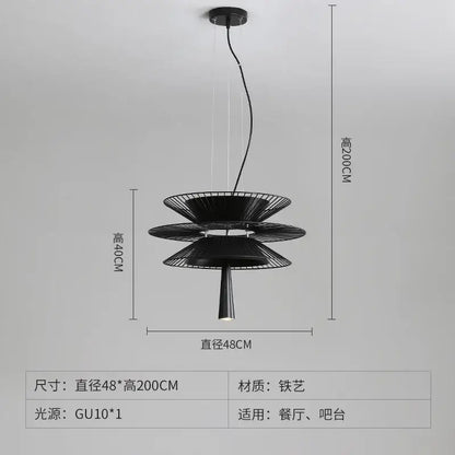 Modern black and gold circular iron pendant light with tiered petal wireframe and conical base for room pendant light decorbites iron art