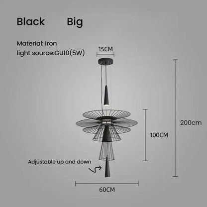 Modern black and gold circular iron pendant light with tiered wireframe design and adjustable height room pendant light by decorbites iron art