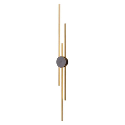 Modern black and gold copper wall light with slender vertical rods and central circular accent for bedroom decorbites copper wall