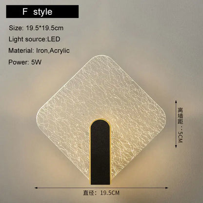 Modern black and gold led wall lamp with diamond-shaped crackled acrylic diffuser and black iron base for bedroom lighting