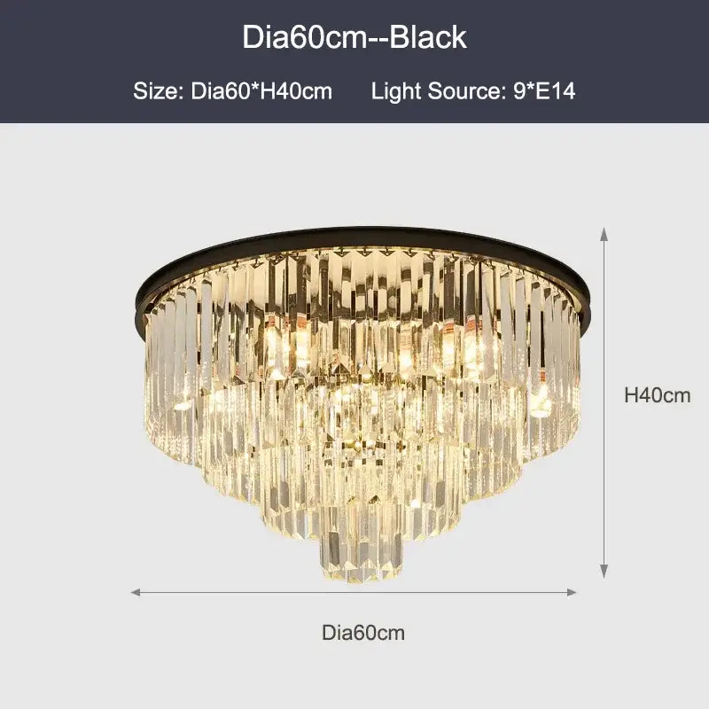 Modern black and gold crystal ceiling chandelier with black frame and tiered cascading glass prisms for living room lighting