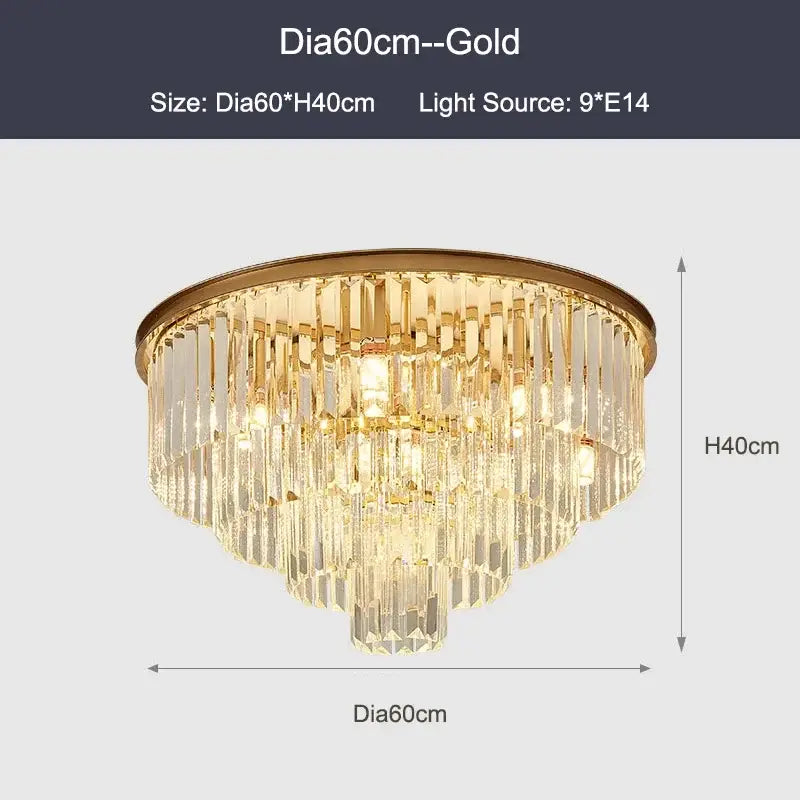 Gold-finished crystal ceiling chandelier with cascading prisms for modern black and gold living room lighting