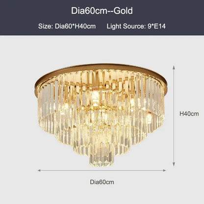 Gold-finished crystal ceiling chandelier with cascading prisms for modern black and gold living room lighting