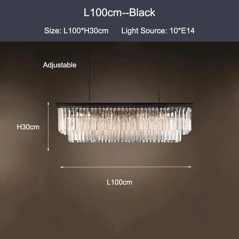 Modern black and gold crystal ceiling chandelier with clear prisms hanging from a chain for living room lighting