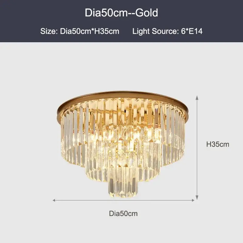 Gold-finished modern black and gold crystal ceiling chandelier with cascading crystal prisms for living room light