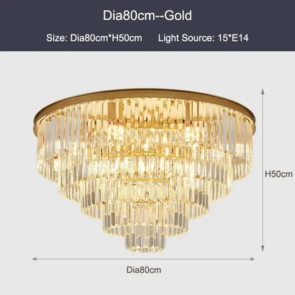 Modern black and gold crystal ceiling chandelier with cascading clear crystal prisms for living room lighting